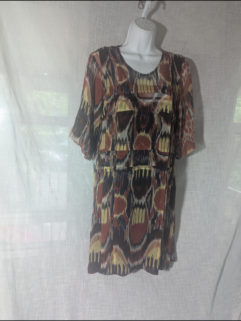 Dries Van Noten Multicolor Ikat Midi Dress in Brown & Yellow 100% Silk Belgium